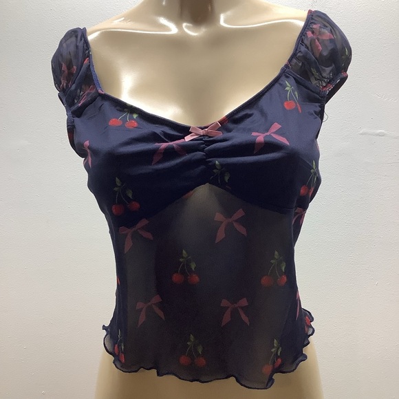 Just Polly Size Large Blue Mesh Cherry & Bows Crop Top. New With Tags - Picture 1 of 5